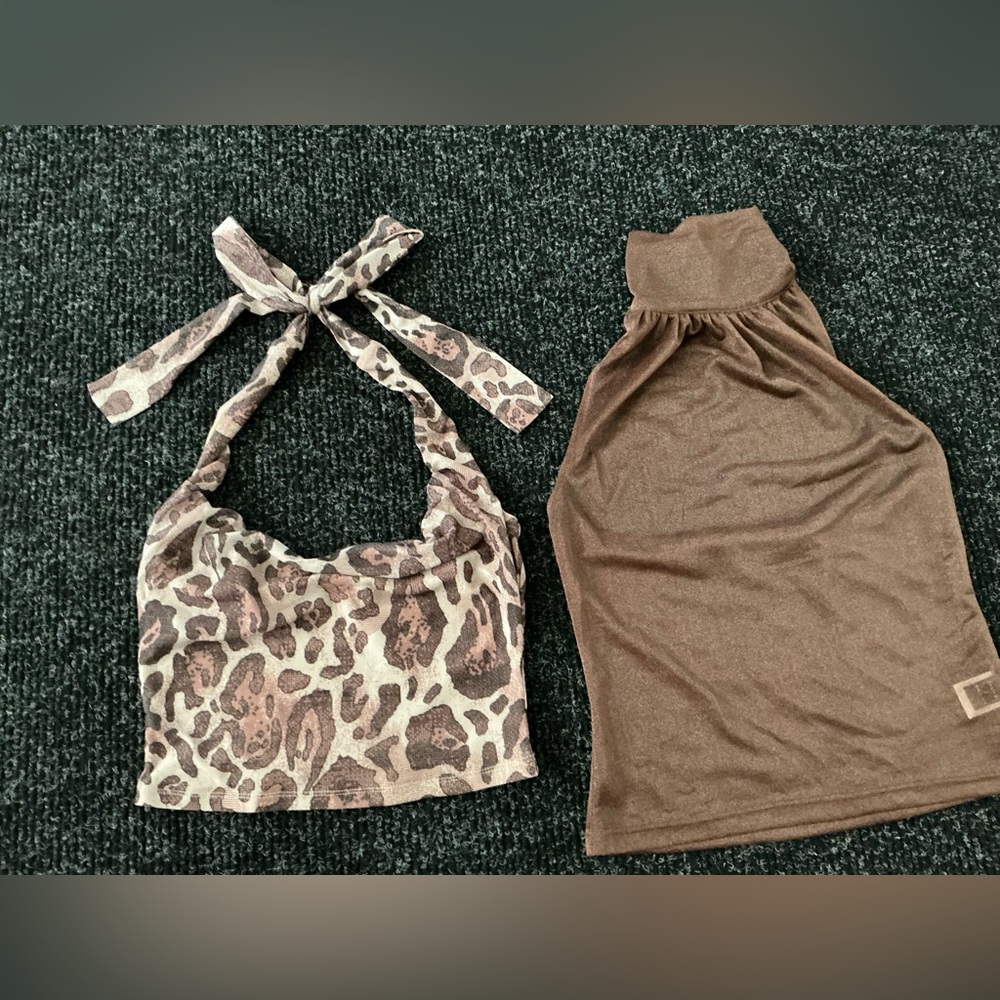 SHEIN Leopard Halter Crop Top & Solid Brown High-Neck Tank Set